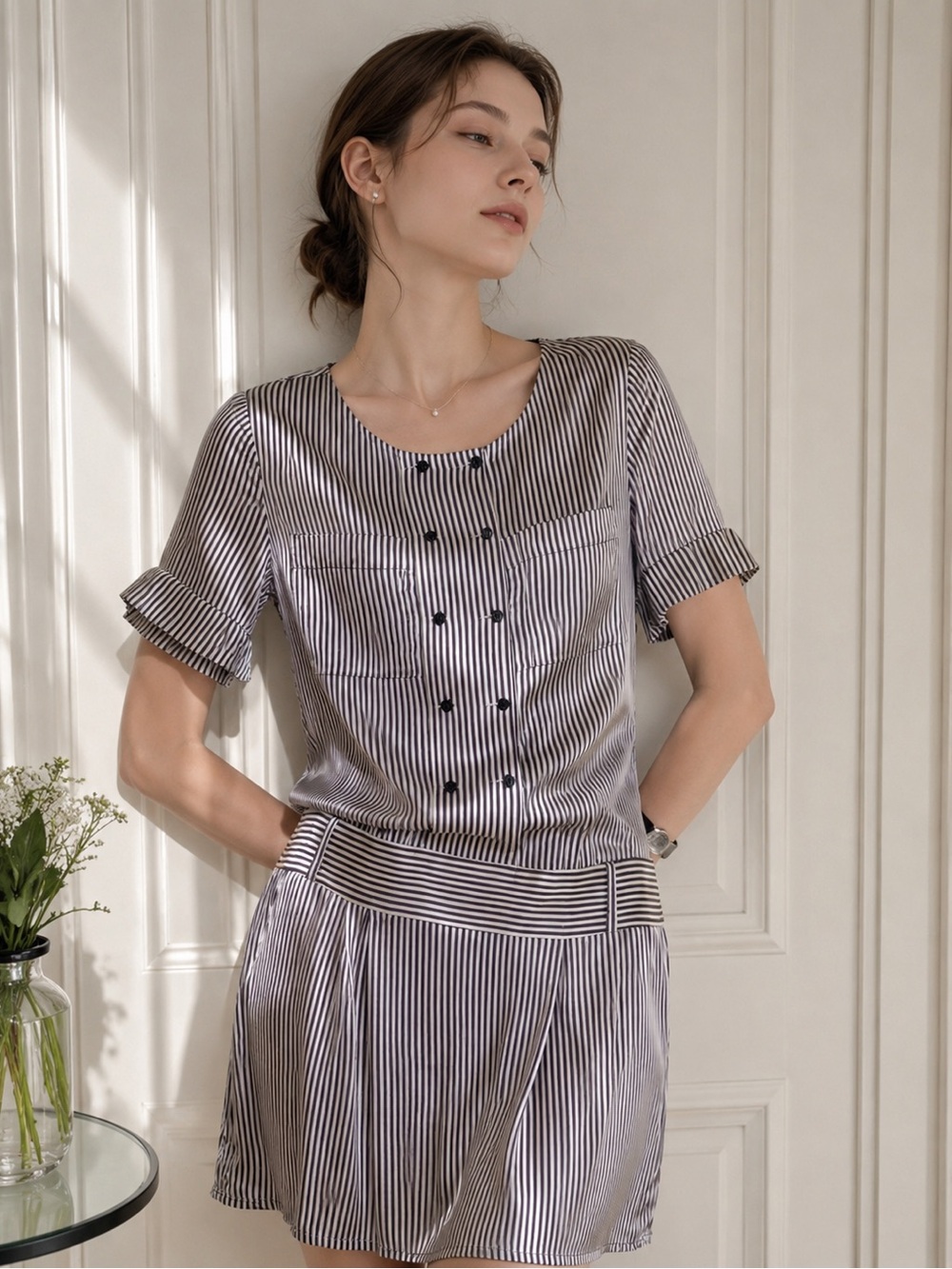 NWOT REISS 100% Heavyweight Silk Brown Striped Romper Dress UK 10 US 6